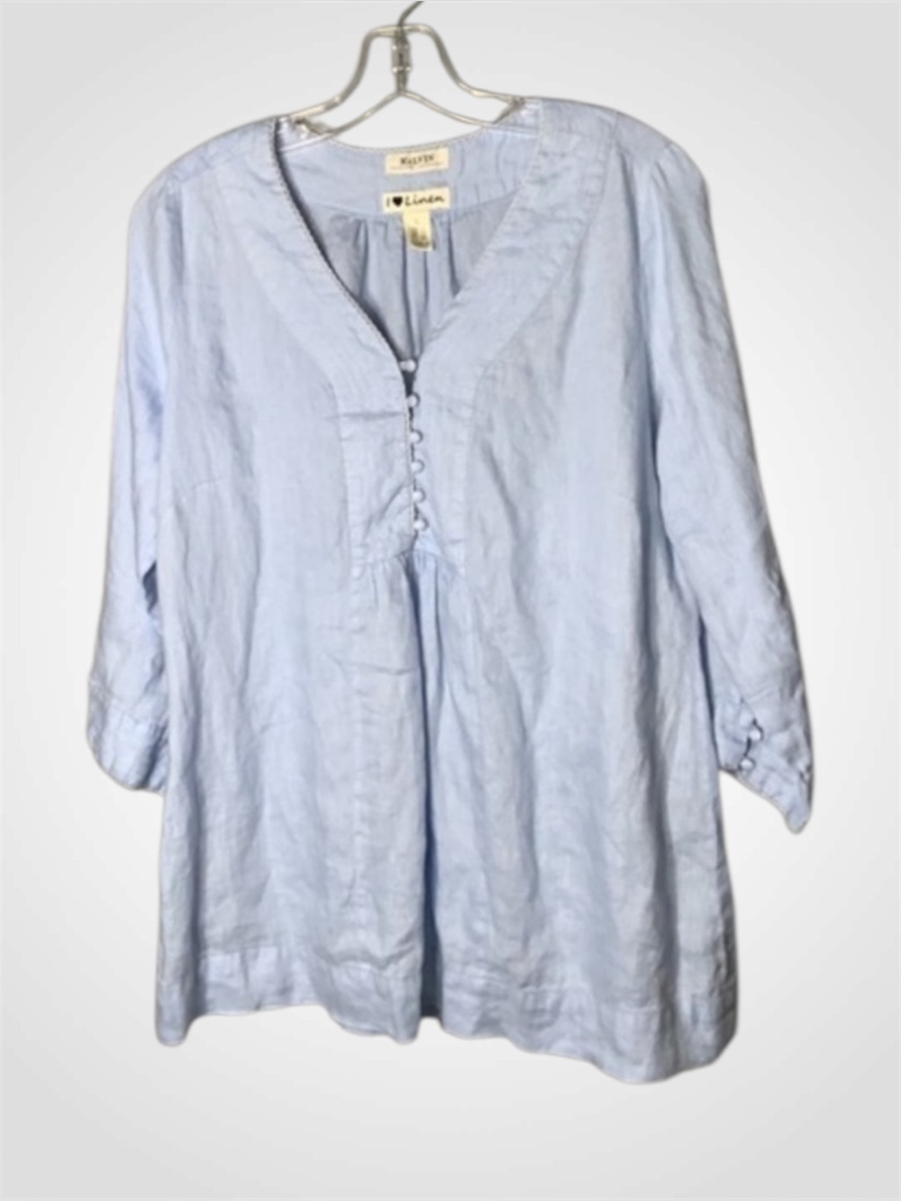 Malvin Hamburg-Germany 100% Linen Light Blue Boho Smock Top zTunic 3/4 Sleeves L